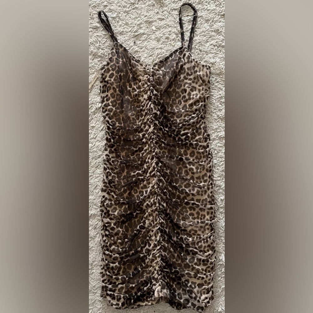 AQUA brown leopard print sleeveless stretchy mesh mini dress large l